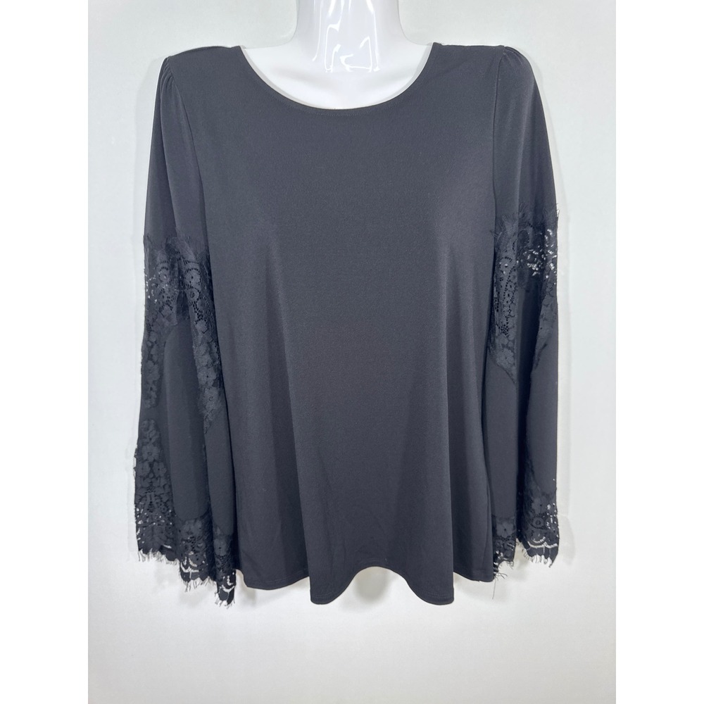 Adrianna Papell Black Lace Sleeve Scoop Neck Blouse Top Women's Small Whimsigoth